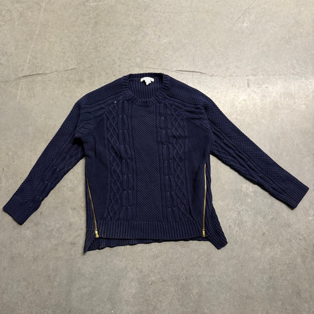 Cabi Navy Blue Cable Knit Sweater Gold Side Zip Pullover XL Women